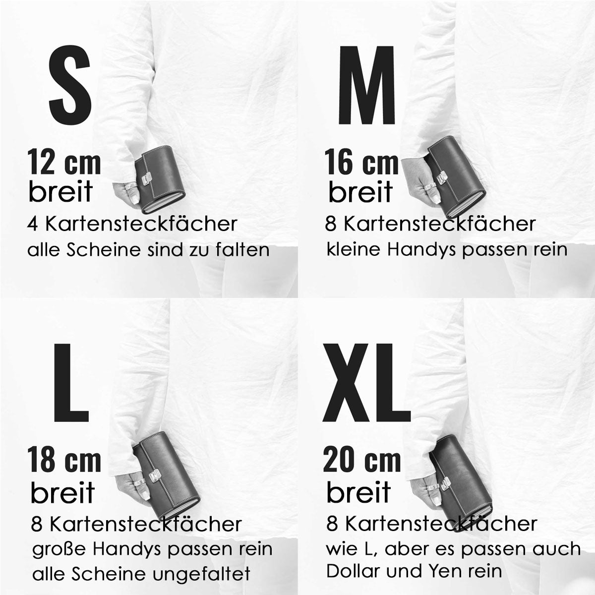 Elli Leder-Geldbörse in den Größen S, M, L und XL im Größenvergleich, Größenberater