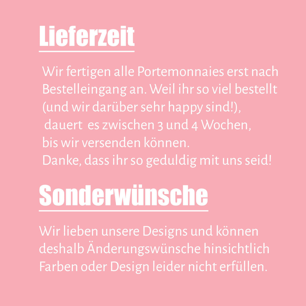Information zur Anfertigungszeit und zu Sonderwünschen für das Leder-Portemonnaie Elli Curry