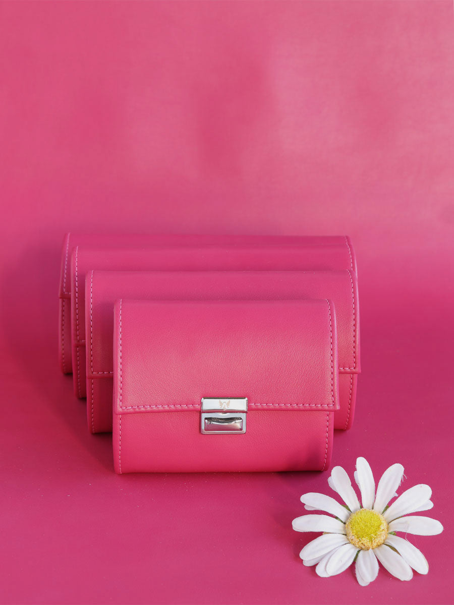 Ausgefallenes, hochwertiges Leder-Portemonnaie Elli Pink Orange in kräftigem Pink aus glattem, mattem Leder