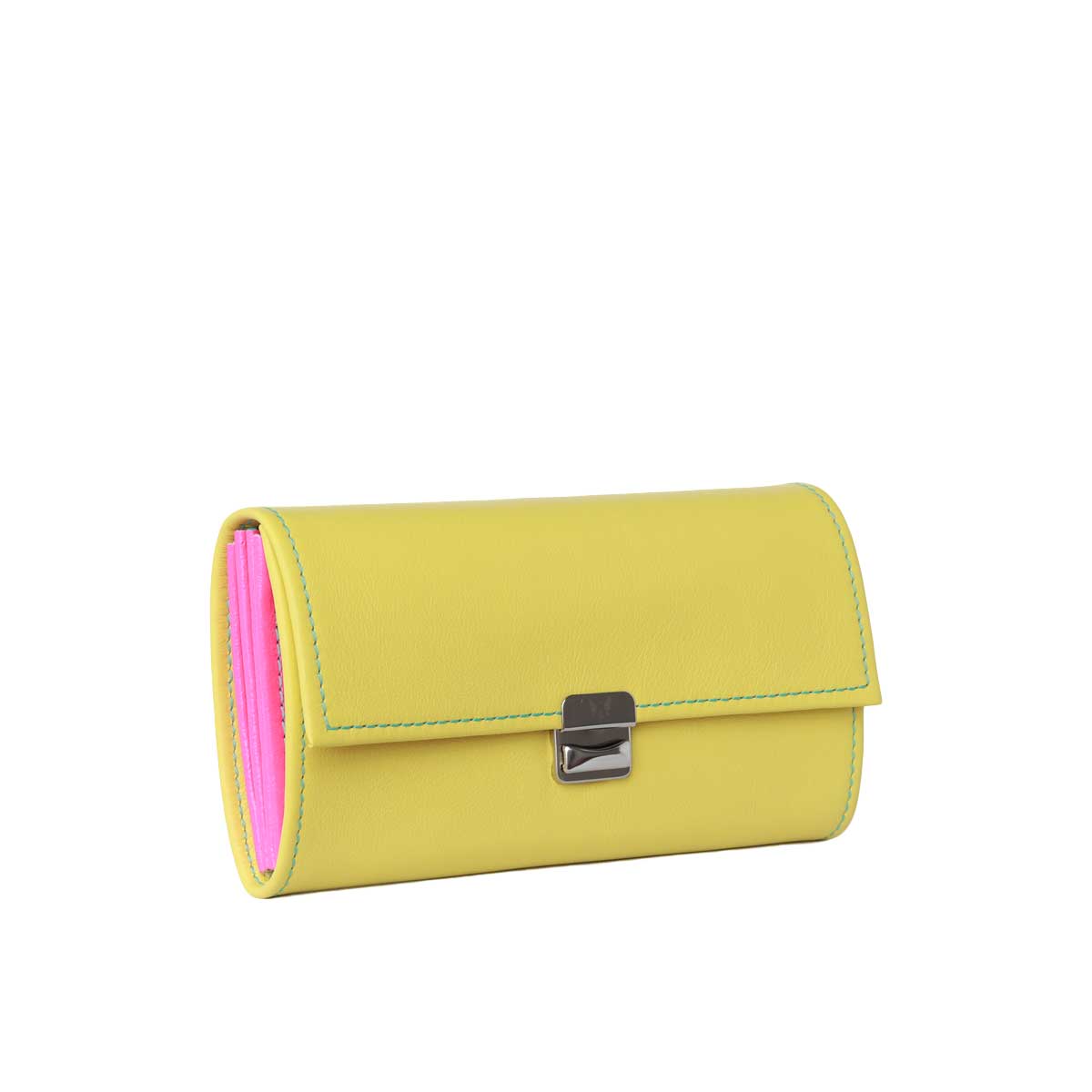 Farbenfrohes Leder-Portemonnaie Elli Gelb Pink mit leuchtend gelbem Leder und farbenfrohen Akzenten