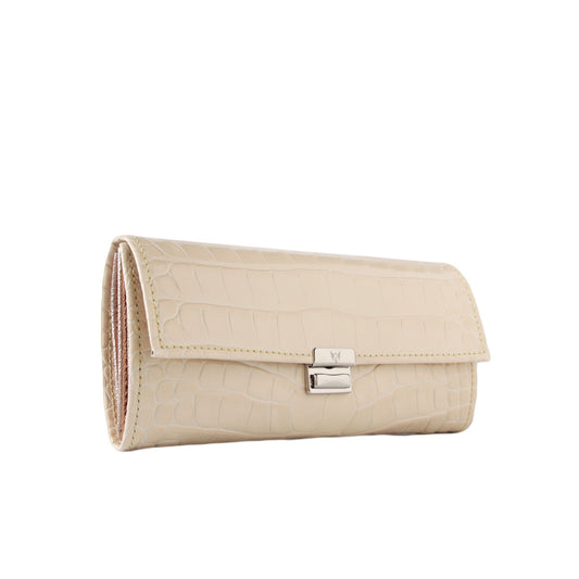 Elegantes Damen-Portemonnaie aus cremefarbenem Leder mit glänzender Krokoprägung
